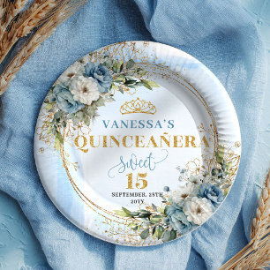 Assiettes En Carton oho Dusty Blue Floral Eucalyptus Gold Quinceañera 