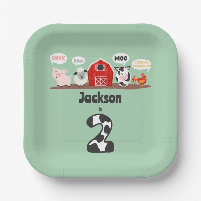 Assiettes En Carton Oink Baa Moo 2e anniversaire ferme animaux enfants (Recto)