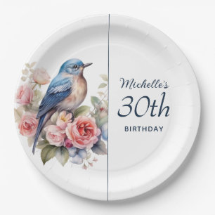Assiettes En Carton Oiseau Bleu Fleurs Roses 30e Anniversaire