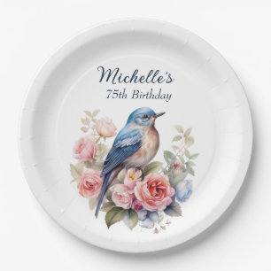 Assiettes En Carton Oiseau Bleu Fleurs Roses 75e Anniversaire