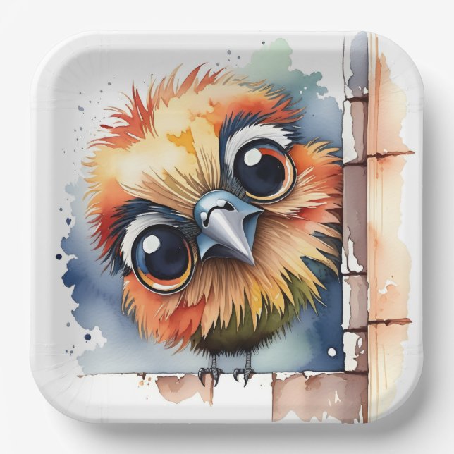Assiettes En Carton Oiseau d'aquarelle sur un mur (Recto)
