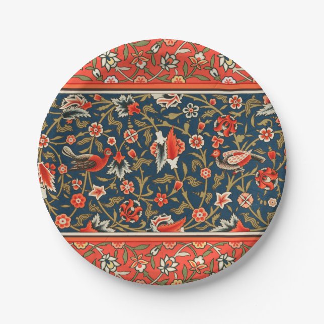 Assiettes En Carton Oiseau et fleurs Perse Motif bleu rouge (Devant)