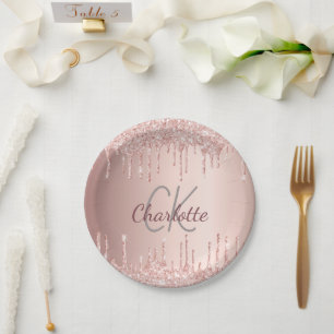 Assiettes En Carton Oiseau rose or gouttes monogramme luxe
