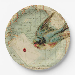 Assiettes En Carton Oiseau vintage avec lettre sur une carte antique 