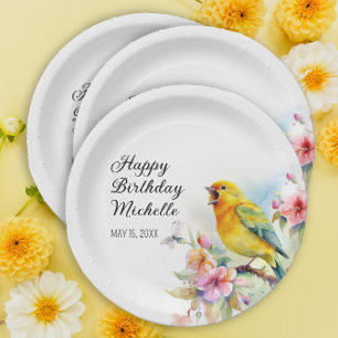 Assiettes En Carton Oiseaux Antiques Canaris Fleurs Joyeux Anniversair