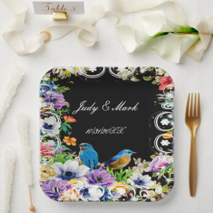 Assiettes En Carton Oiseaux bleus colorés et floral botanique