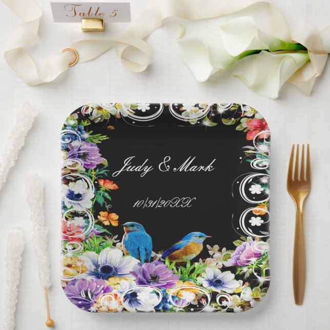 Assiettes En Carton Oiseaux bleus colorés et floral botanique (Mariage)