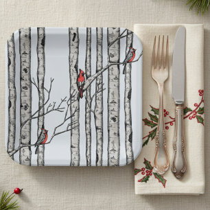 Assiettes En Carton Oiseaux bleus modernes et oiseaux cardinaux rouges