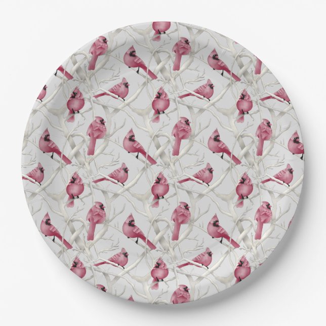 Assiettes En Carton Oiseaux Cardinaux De Noël Gris Et Rouge (Devant)