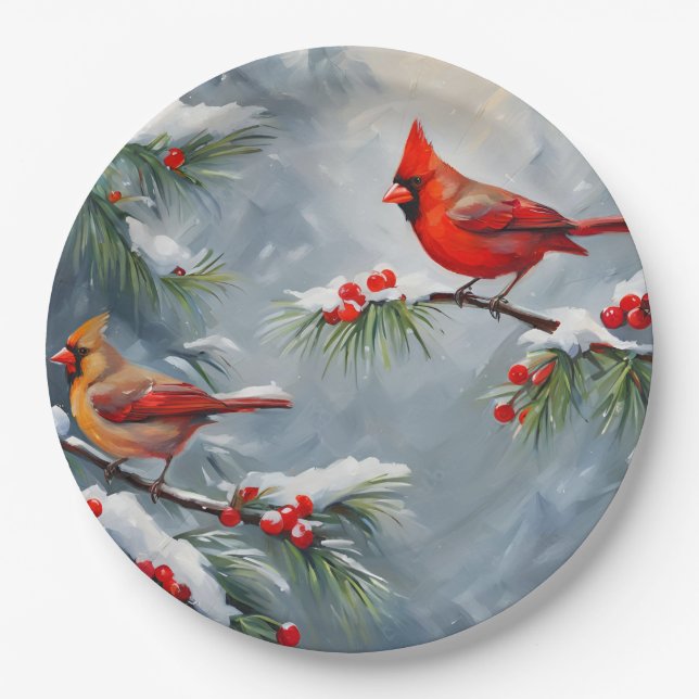 Assiettes En Carton Oiseaux cardinaux rouges aux baies sauvages (Devant)