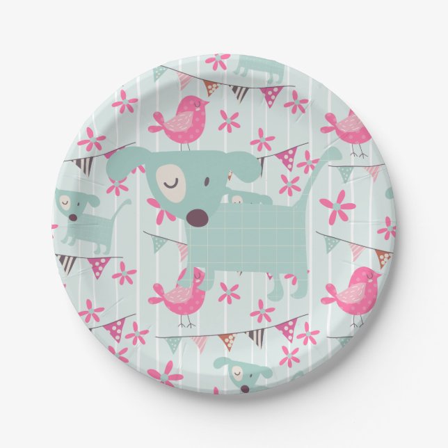 Assiettes En Carton Oiseaux, Chiens, Bannières, Fleurs (Devant)