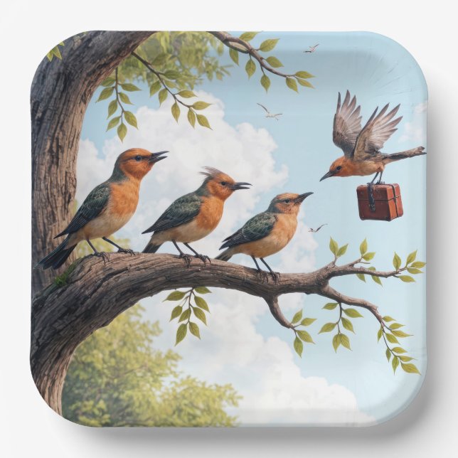 Assiettes En Carton Oiseaux d'affaires sur une branche d'arbre (Recto)