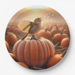 Assiettes En Carton Oiseaux d'automne chanter sur un Citrouille