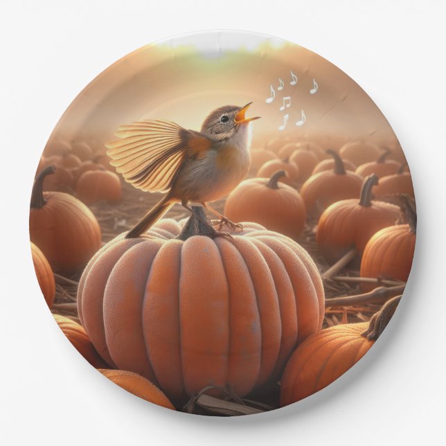 Assiettes En Carton Oiseaux d'automne chanter sur un Citrouille (Devant)
