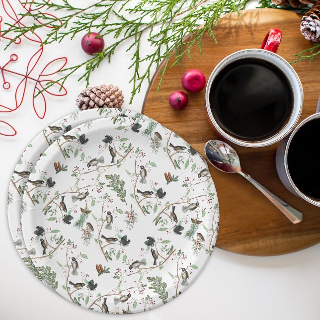 Assiettes En Carton Oiseaux de poulet Baies et Pinecones Aquarelle (Chickadee Birds Berries & Pinecones Watercolor Paper Plates)