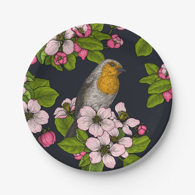 Assiettes En Carton Oiseaux et fleurs en noir (Devant)