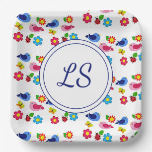 Assiettes En Carton Oiseaux et fleurs printemps motif blanc