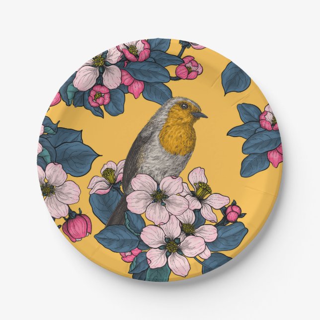 Assiettes En Carton Oiseaux et fleurs sur le jaune (Devant)