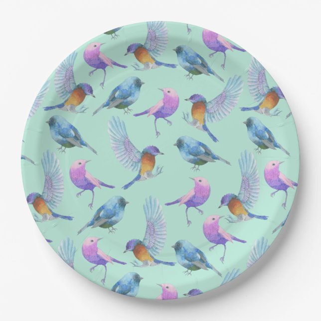 Assiettes En Carton Oiseaux exotiques sauvages Motif d'aquarelle (Devant)