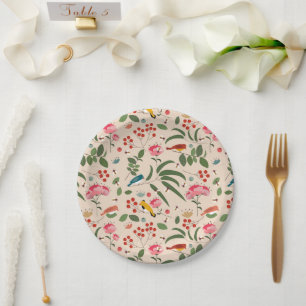Assiettes En Carton Oiseaux floraux dessinés à la main Abeilles Motif 