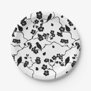 Assiettes En Carton Oiseaux Motifs noirs et blancs sur les fleurs de c