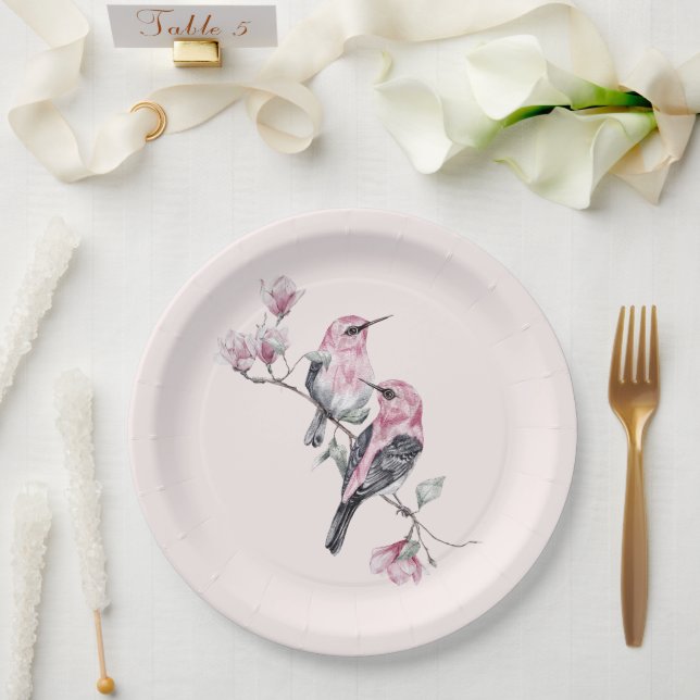 Assiettes En Carton Oiseaux roses et noirs sur une branche d'arbre (Mariage)