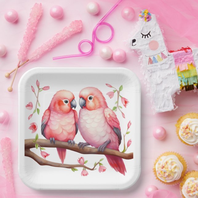 Assiettes En Carton Oiseaux rouges et roses (Fête)