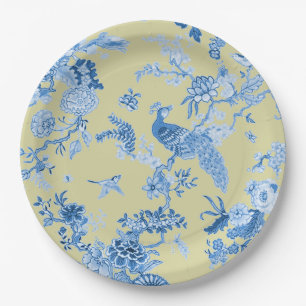 Assiettes En Carton Oiseaux Toile Bleu et moutarde