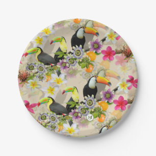 Assiettes En Carton Oiseaux Toucans, Fleurs de Passion, Plumeria Tropi