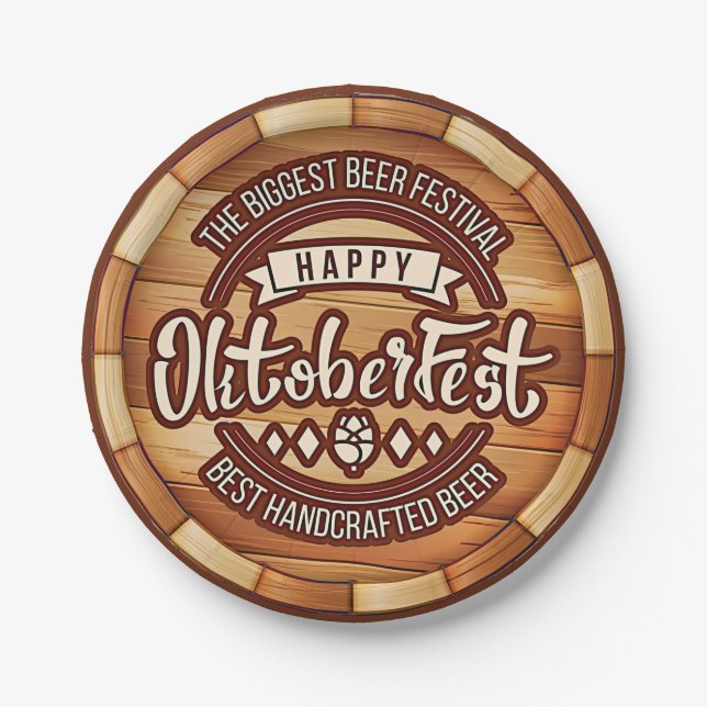 Assiettes En Carton Oktoberfest Festival Brown baril de bière en bois (Devant)