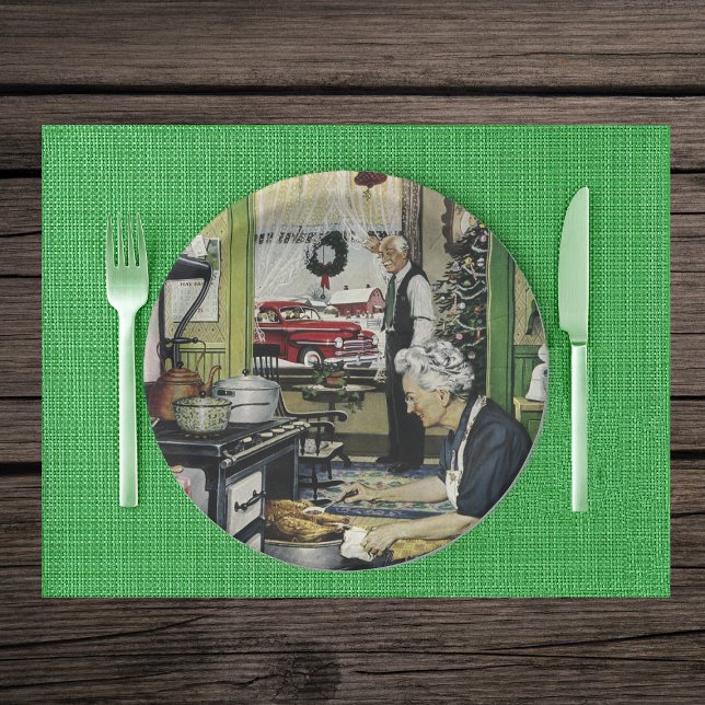 Assiettes En Carton Old Fashioned Vintage Home Kitchen Christmas (Vintage scene cooking holiday turkey in grandma's kitchen on paper party plates.)