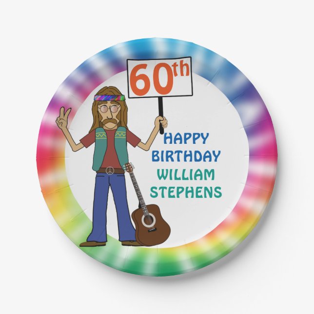 Assiettes En Carton Old Hippie Hippy Tie Dye 60e anniversaire (Devant)