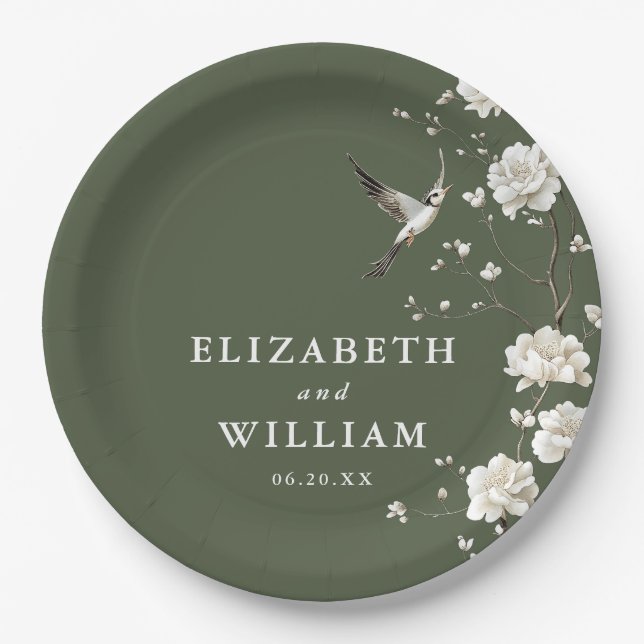 Assiettes En Carton Olive Green Chinoiserie Floral Garden Mariage (Devant)