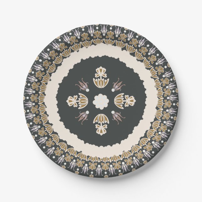 Assiettes En Carton Olive noir Élégant Emblème Floral (Devant)
