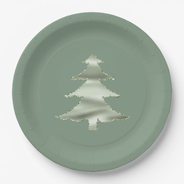 Assiettes En Carton Olive Pistachio Menthe Green Christmas Tree (Devant)