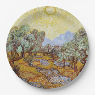 Assiettes En Carton Oliviers au ciel et au soleil jaunes