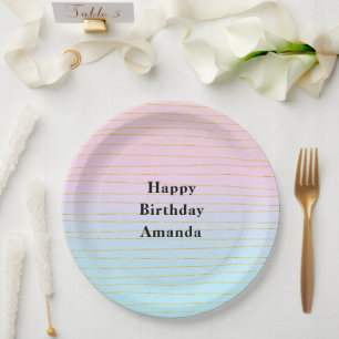 Assiettes En Carton Ombre bleu rose avec lignes or Anniversaire