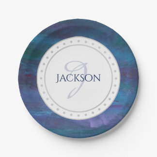 Assiettes En Carton Ombre bleue Abstraite | Monogramme violet violet T