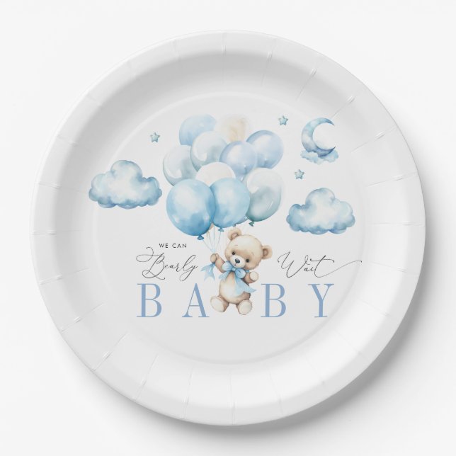 Assiettes En Carton On peut attendre le Baby shower bleu (Devant)