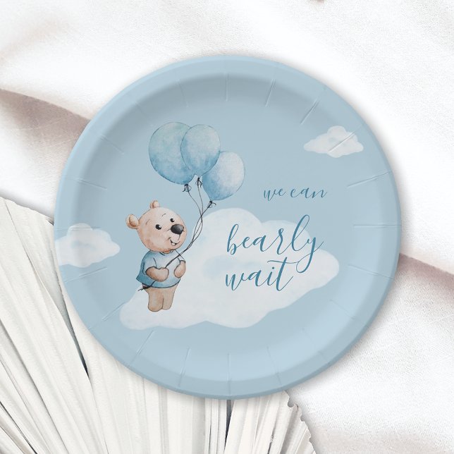 Assiettes En Carton On Peut Attendre Teddy Bear Baby shower Bleu (Créateur téléchargé)