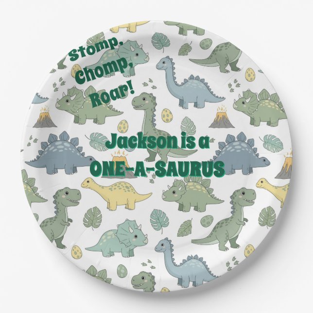 Assiettes En Carton ONE-A-SAURUS Dinosaur Pattern Paper Plates (Devant)
