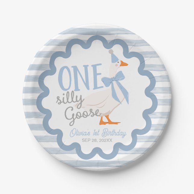 Assiettes En Carton One Silly Goose Blue Bow 1st Birthday (Devant)