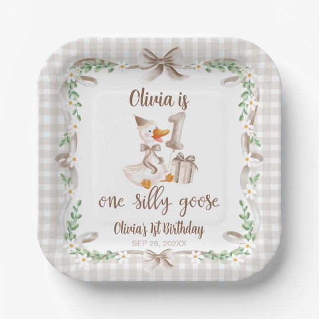 Assiettes En Carton One Silly Goose Brown Bow 1st Birthday (Recto)