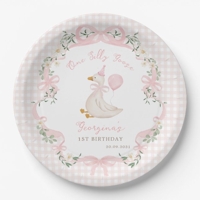 Assiettes En Carton One Silly Goose Pink Bow Gingham 1st Birthday (Devant)