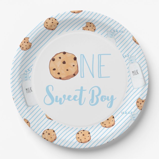 Assiettes En Carton One Sweet Boy Milk and Cookies blue Anniversaire (Devant)
