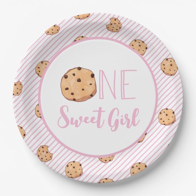 Assiettes En Carton One Sweet Girl cookies et Pink stripes Anniversair (Devant)