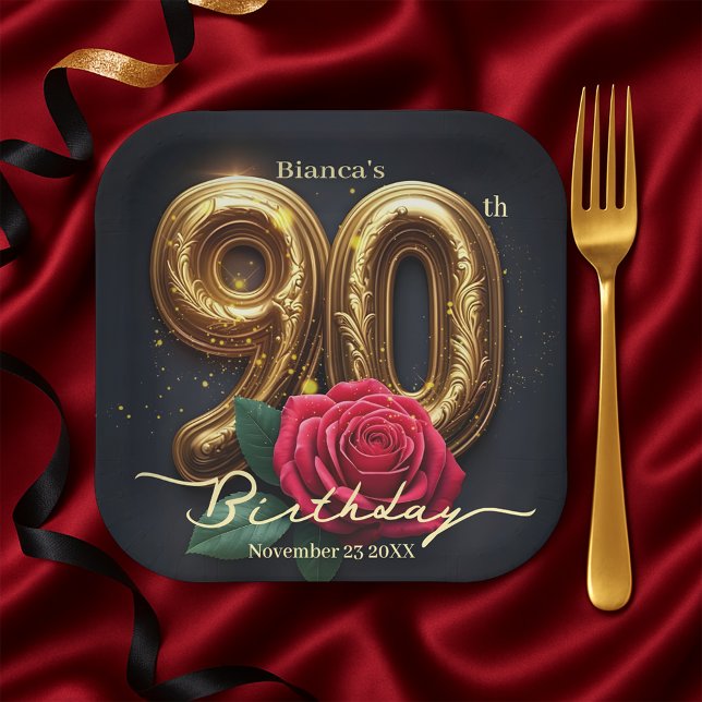 Assiettes En Carton Opulent Chic Red Rose Ornate Golden 90th Birthday (Créateur téléchargé)