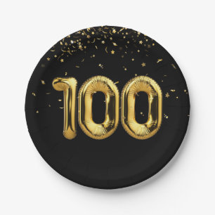 Assiettes En Carton Or 100e Anniversaire Ballons Avec Confetti