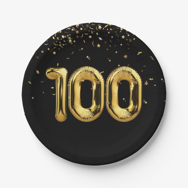 Assiettes En Carton Or 100e Anniversaire Ballons Avec Confetti (Devant)