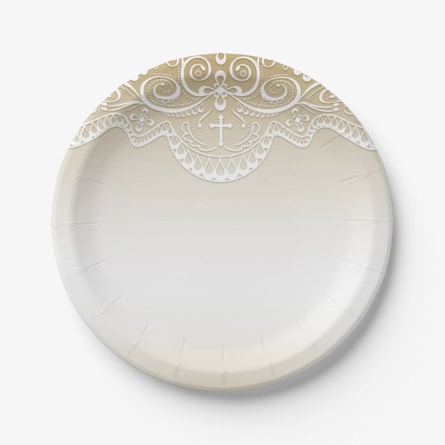 Assiettes En Carton Or avec la dentelle, croix, religieuse (Devant)